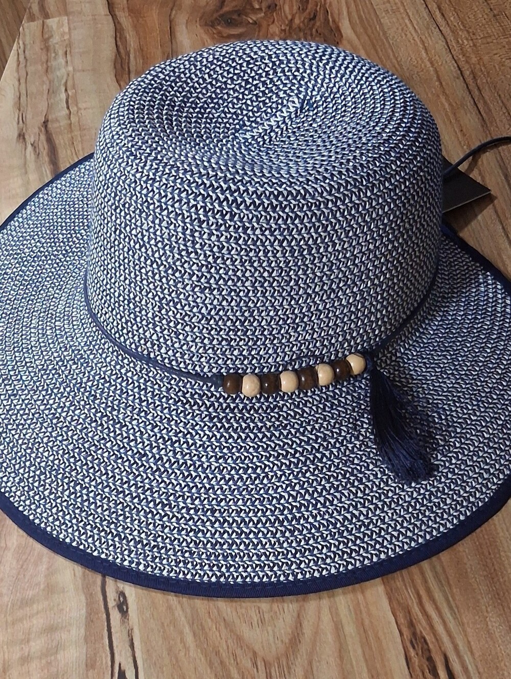 Women’s Navy & White Braided Sun Hat with Bead Accent